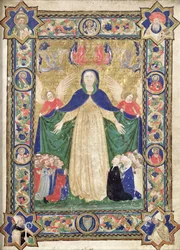 Virgen de la Misericordia, frontispicio de un libro de la Scuola della Trinita dei Frati Teutonici, 1422